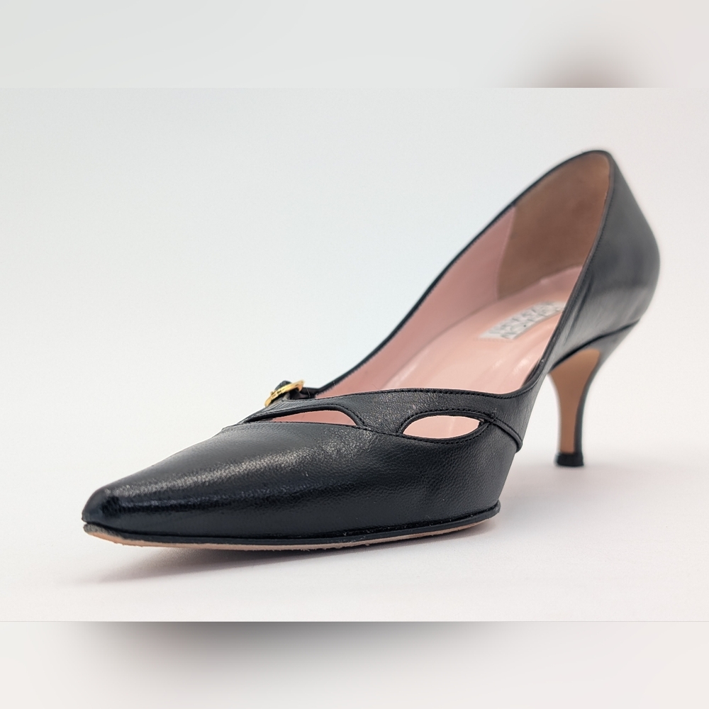 ISAACM MIZRAHI Size 7M Women Genuine Black Leather Heel Gold Buckle Pointed Toe - Picture 6 of 17